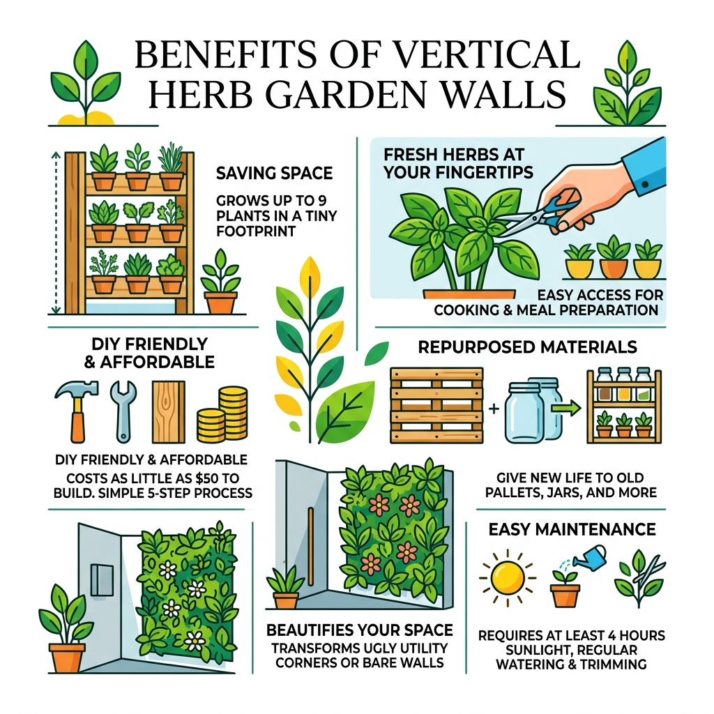 Benefits of vertical herb garden walls infographic - diy herb garden wall infographic 