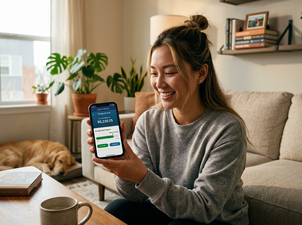 A person using a digital banking app to manage savings - low risk investments for beginners A person using a digital banking app to manage savings - low risk investments for beginners