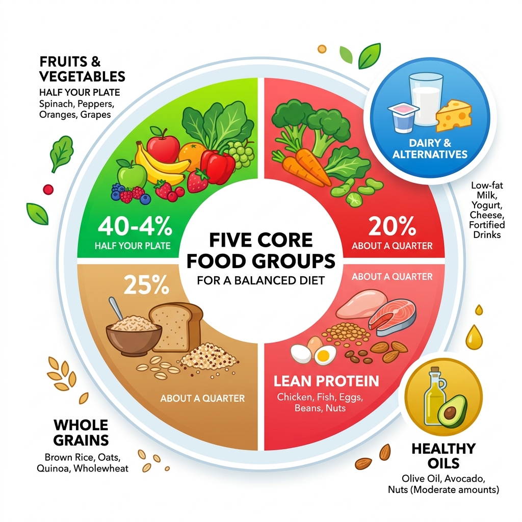 Five core food groups of a balanced diet with proportions and examples - balanced diet ideas infographic 