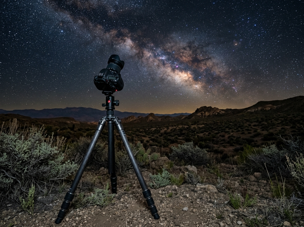A basic DSLR and tripod setup under a starry sky - budget astrophotography A basic DSLR and tripod setup under a starry sky - budget astrophotography