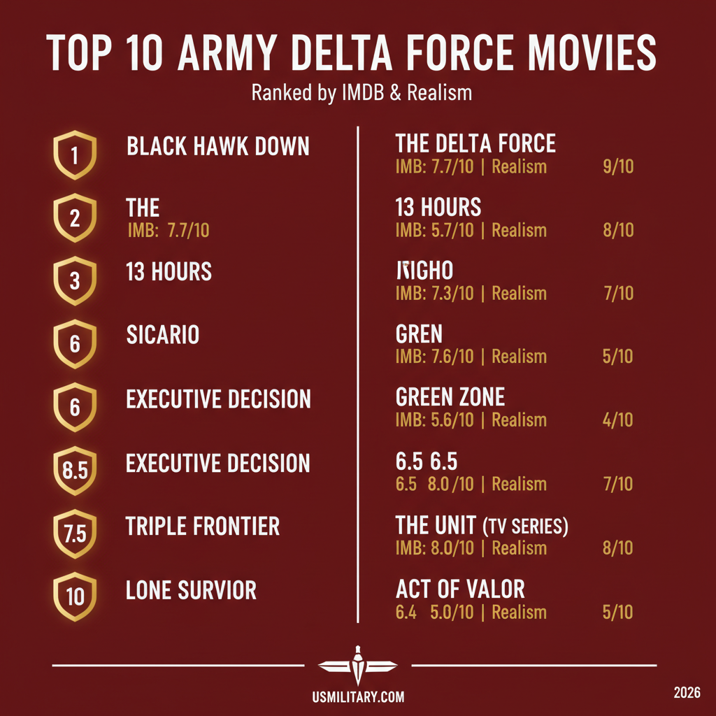 Infographic showing Top 10 Army Delta Force Movies ranked by IMDb rating and realism score - Top 10 Army Delta Force Movies Infographic showing Top 10 Army Delta Force Movies ranked by IMDb rating and realism score - Top 10 Army Delta Force Movies