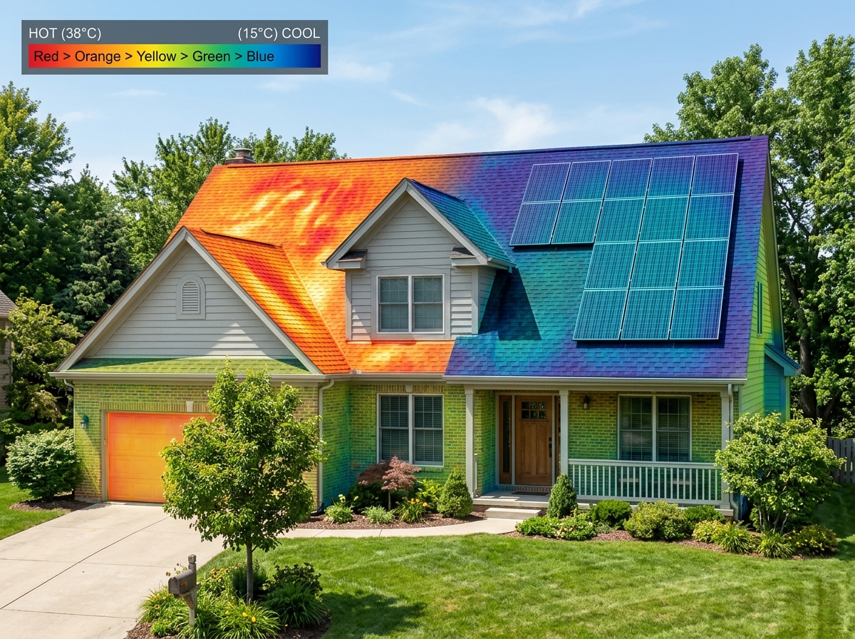 Thermal heat map of a house showing a well-insulated roof versus a poorly insulated one - best solar panel insulation Thermal heat map of a house showing a well-insulated roof versus a poorly insulated one - best solar panel insulation