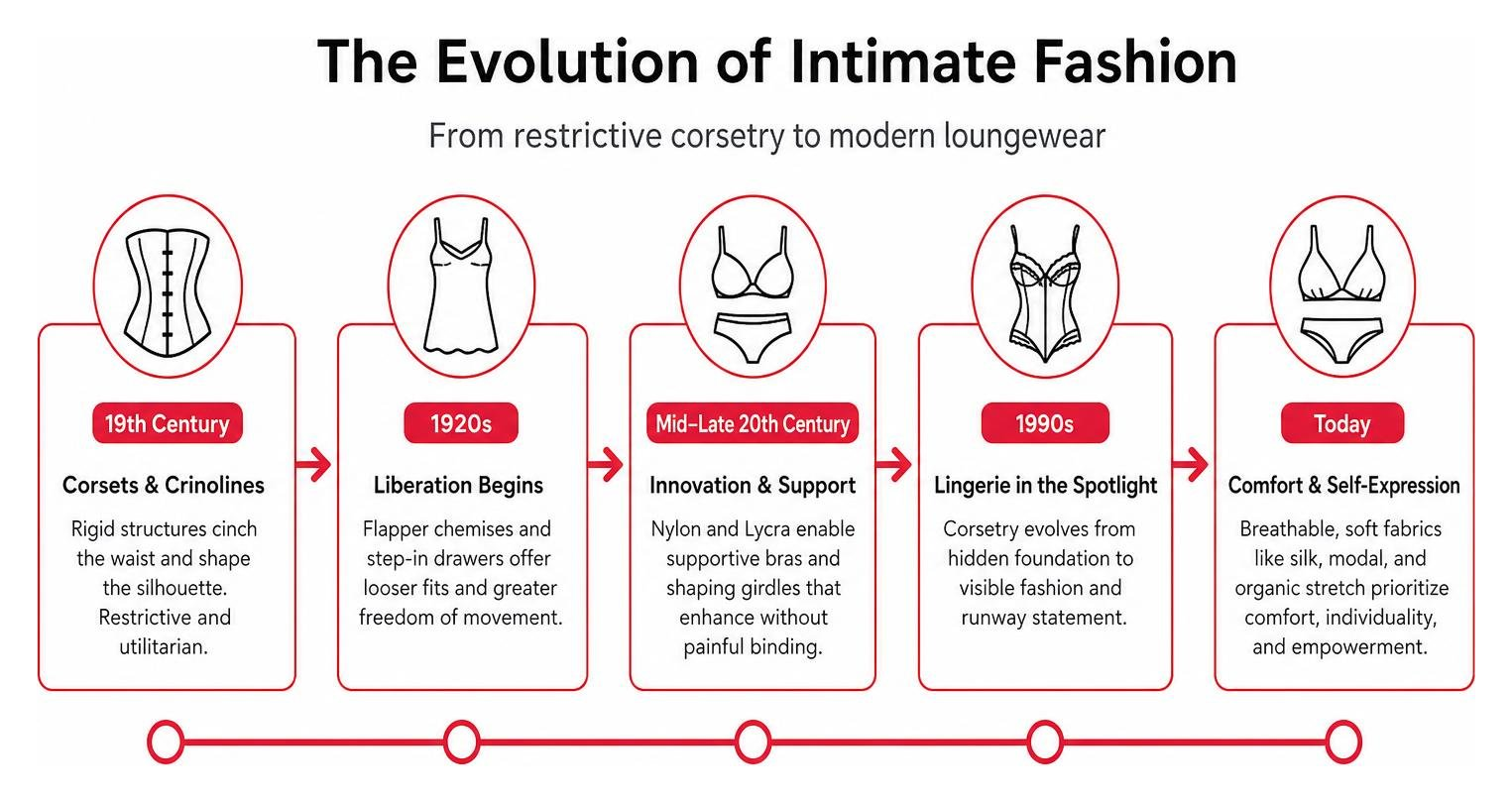 Timeline diagram of lingerie evolution from corsets to modern loungewear
