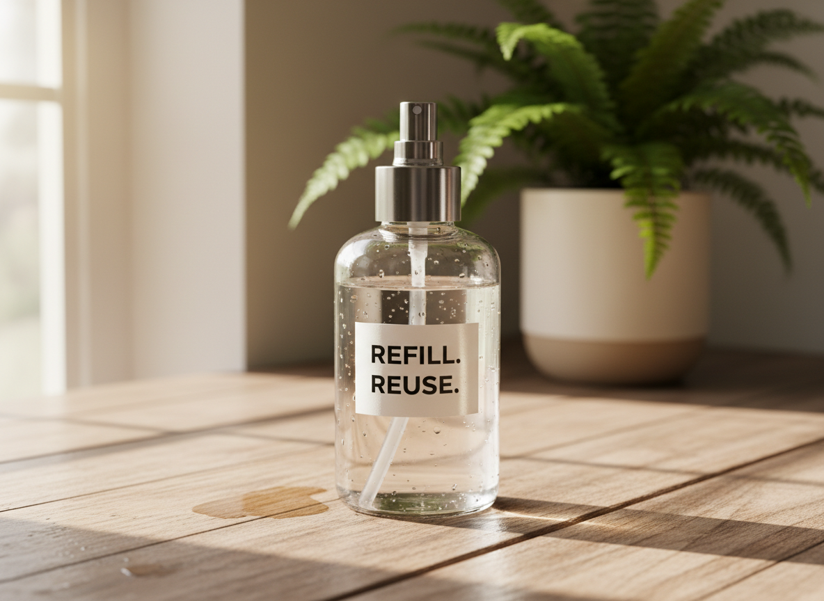 A refillable glass spray bottle sitting on a wooden countertop with a green plant in the background - zero waste window A refillable glass spray bottle sitting on a wooden countertop with a green plant in the background - zero waste window