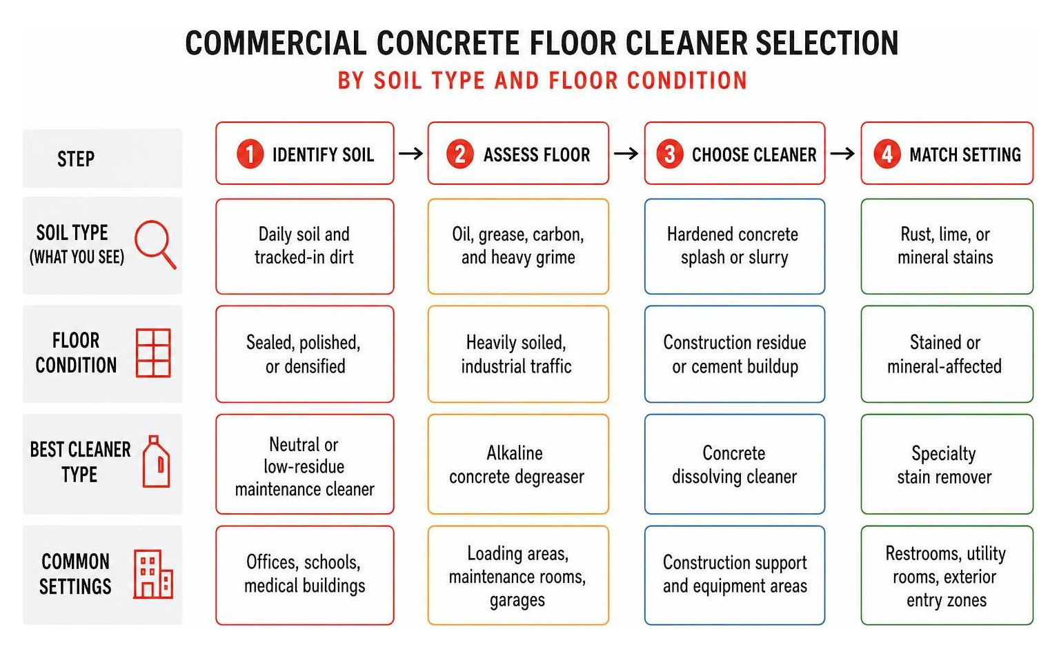 Commercial concrete floor cleaner selection by soil type and floor condition Commercial concrete floor cleaner selection by soil type and floor condition