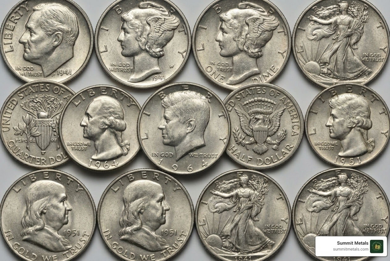 showing the different types of common 90% junk silver coins - calculating silver in junk silver