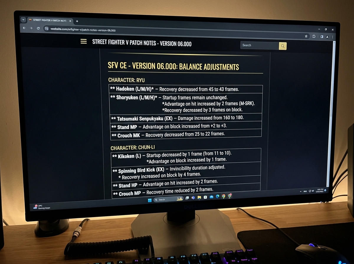 Close-up of Street Fighter V patch notes showing frame data adjustments - fighting game character balance