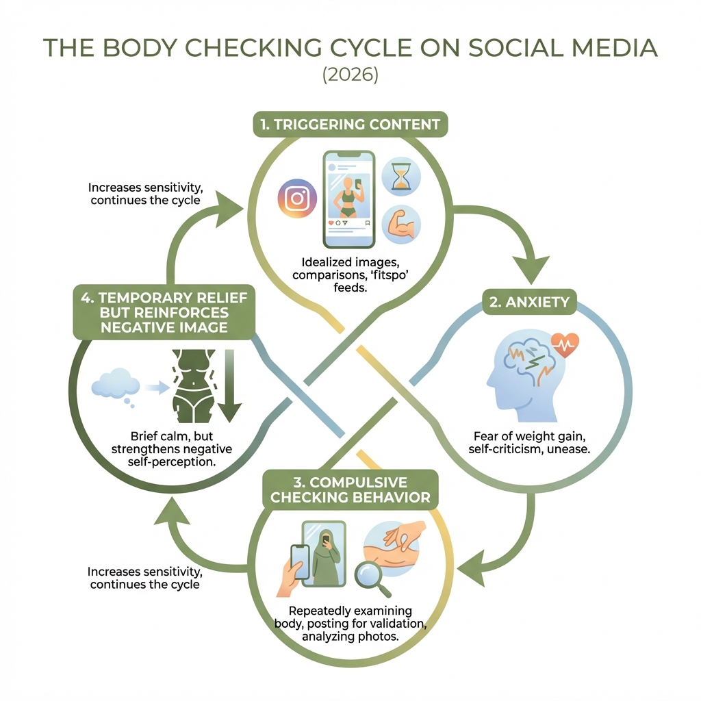infographic showing the cycle of body checking on social media: triggering content leads to anxiety, anxiety leads to compulsive checking behavior, checking provides temporary relief but reinforces negative body image, which increases sensitivity to triggering content and continues the cycle - what is body checking on social media infographic 