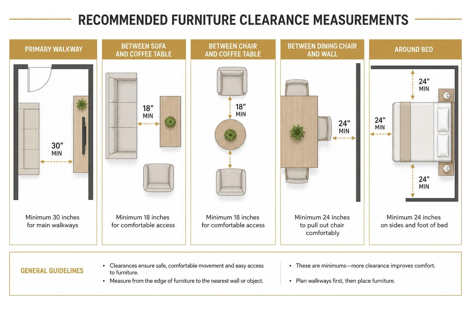 Diagram showing recommended furniture clearance measurements Diagram showing recommended furniture clearance measurements