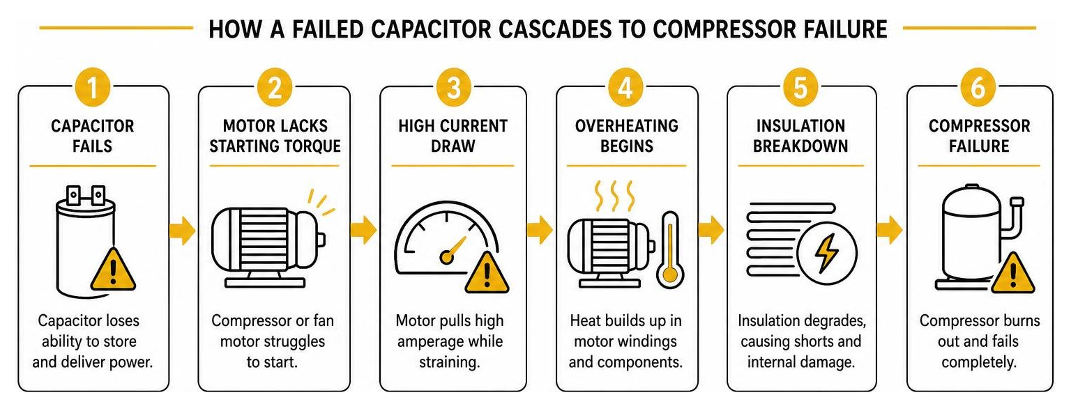 Diagram showing how a failed capacitor cascades to compressor failure