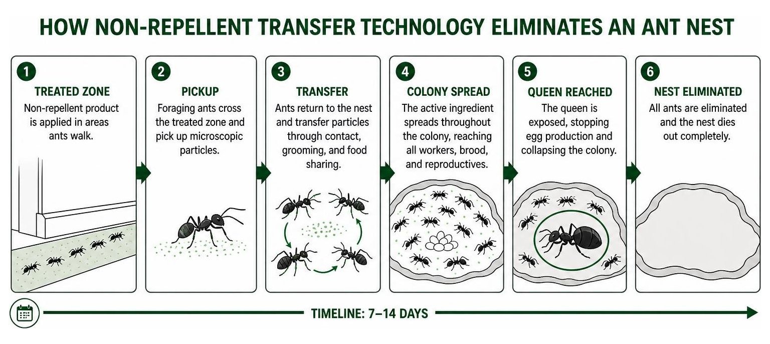 Diagram showing how non-repellent transfer technology eliminates an ant nest