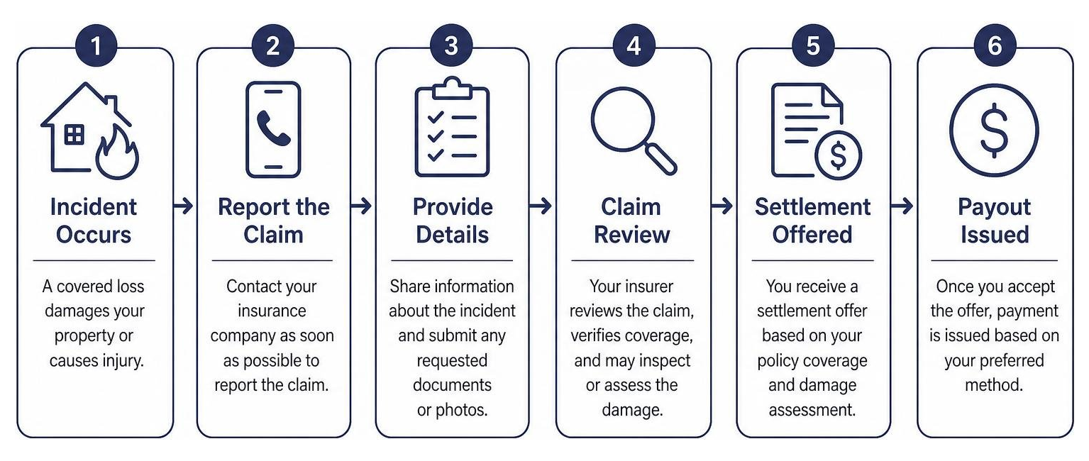 diagram showing the step-by-step process of filing a renters insurance claim from incident to payout diagram showing the step-by-step process of filing a renters insurance claim from incident to payout