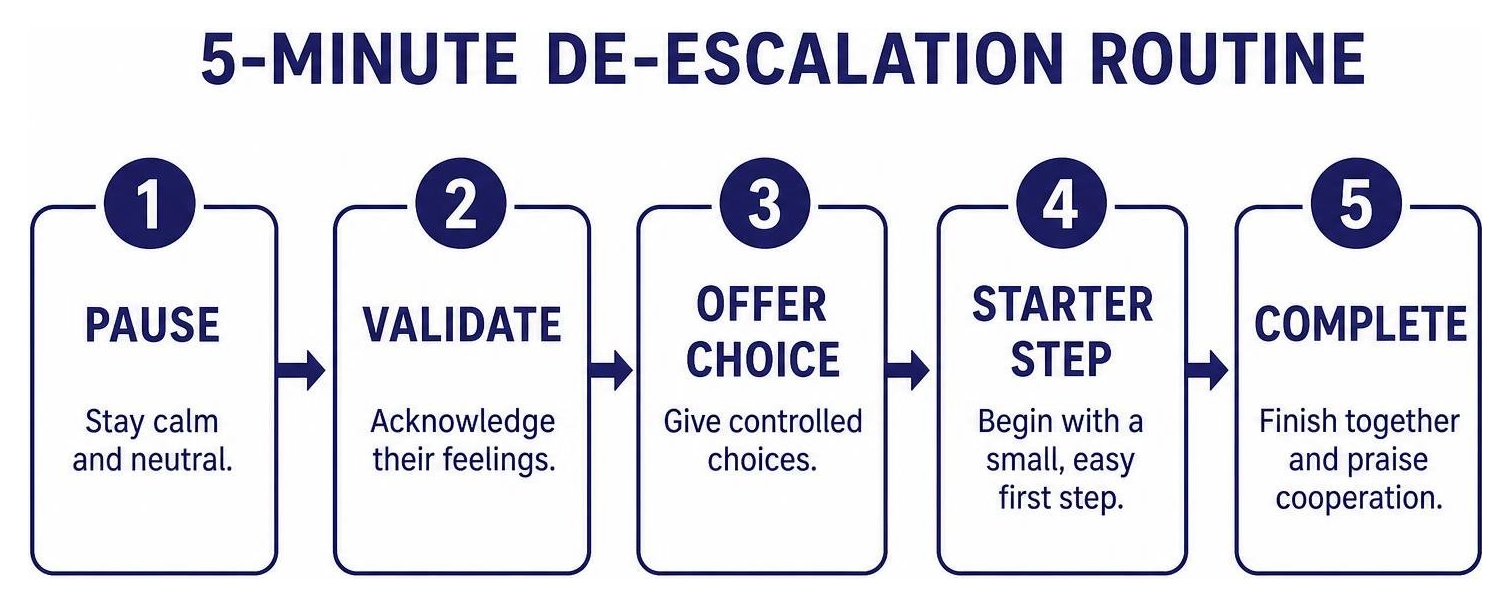 5-minute de-escalation routine: pause, validate, offer choice, starter step, complete