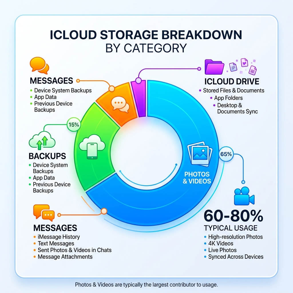 iCloud storage breakdown by category showing photos, backups, messages, and drive usage - icloud photo storage full