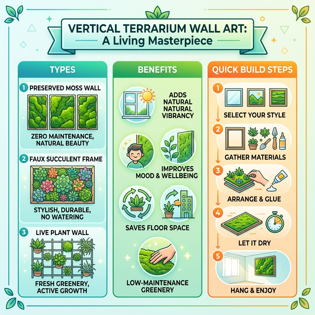 Infographic showing types, benefits, and quick steps for building vertical terrarium wall art - Build terrarium wall art