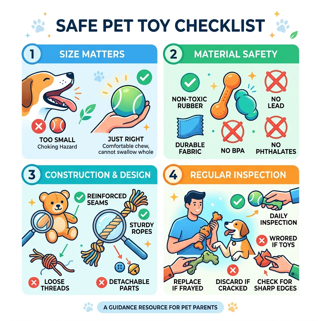Safe Pet Toy Checklist infographic with size, materials, construction, and inspection tips - pet toy safety infographic 