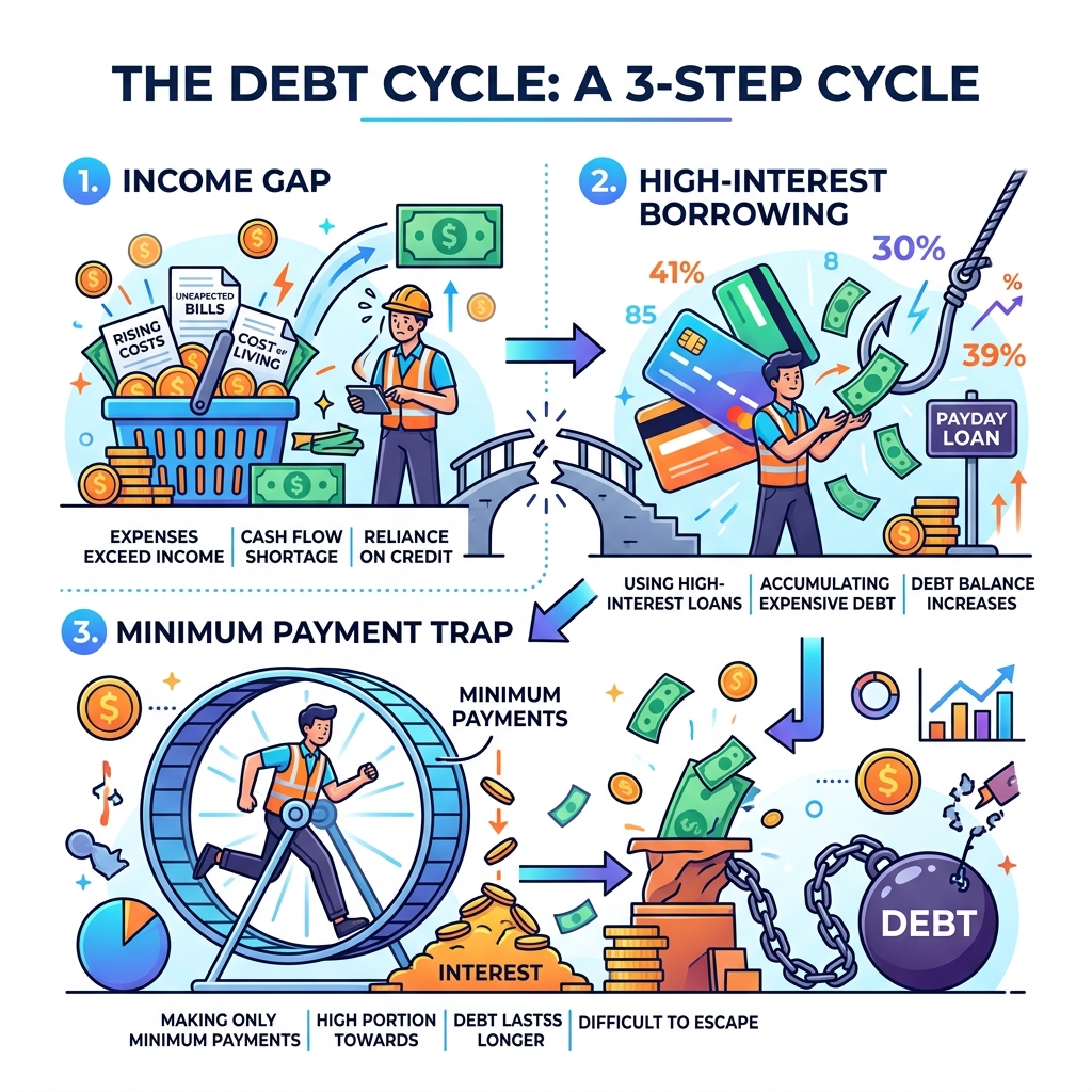 3-step debt cycle: income gap, high-interest borrowing, minimum payment trap infographic - how to pay off debt fast with low
