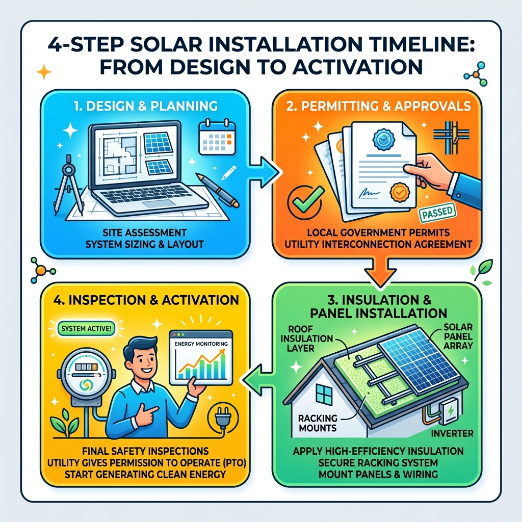 4-step solar installation timeline from design to activation with insulation and permitting phases - solar panel insulation
