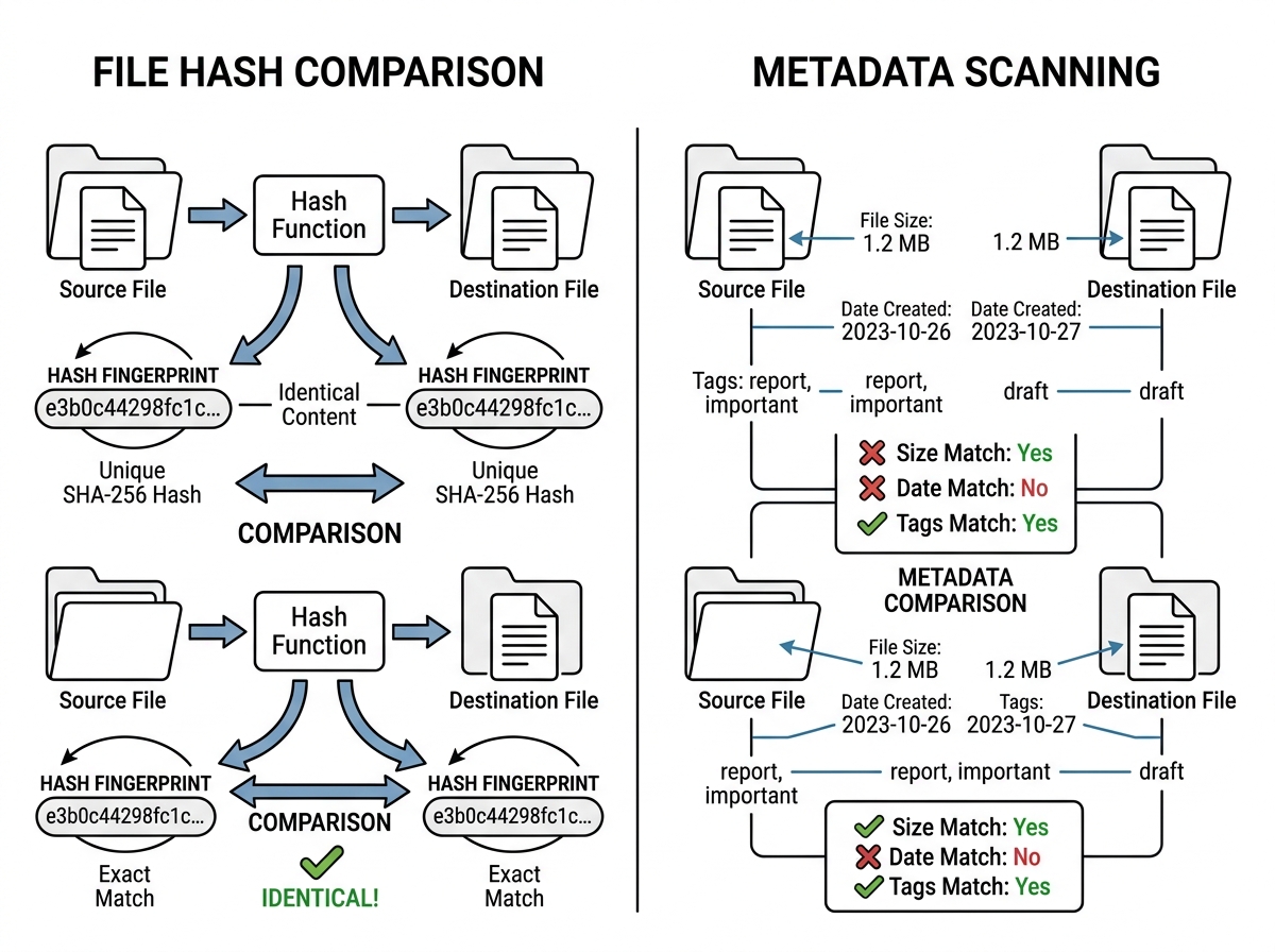 diagram illustrating the difference between file hash comparison and metadata scanning - best app for deduplication