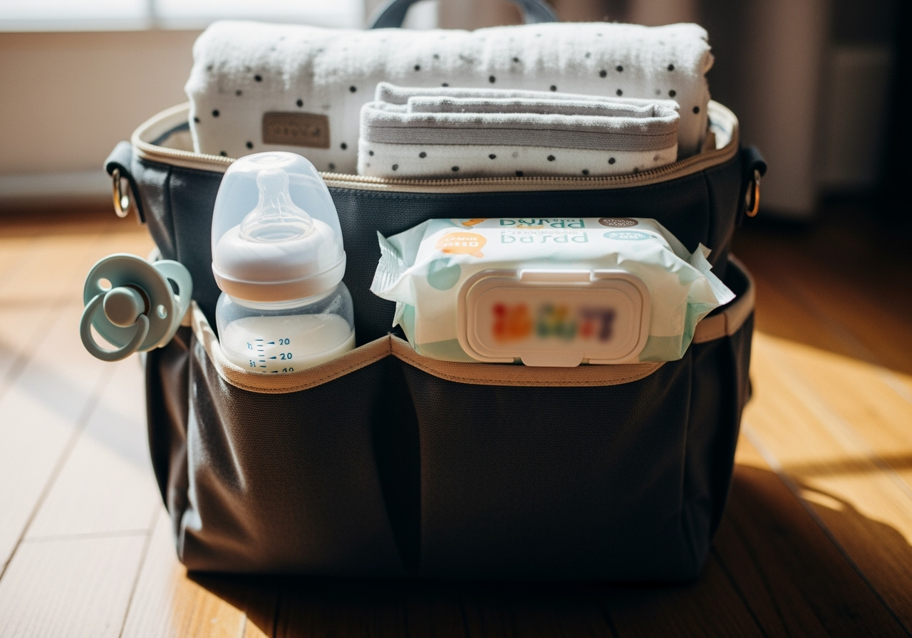 A neatly packed diaper bag with a pacifier, baby bottle, wipes, and a small blanket, ready for a photoshoot - how to prepare for a newborn photoshoot