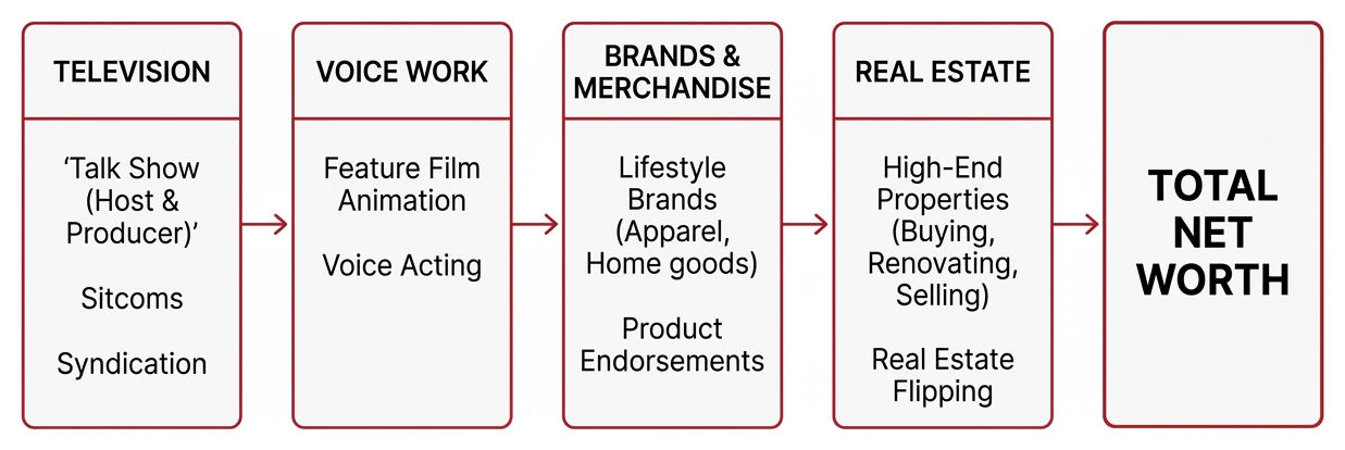 Diagram showing sources of Ellen DeGeneres wealth including television, voice work, brands, and real estate