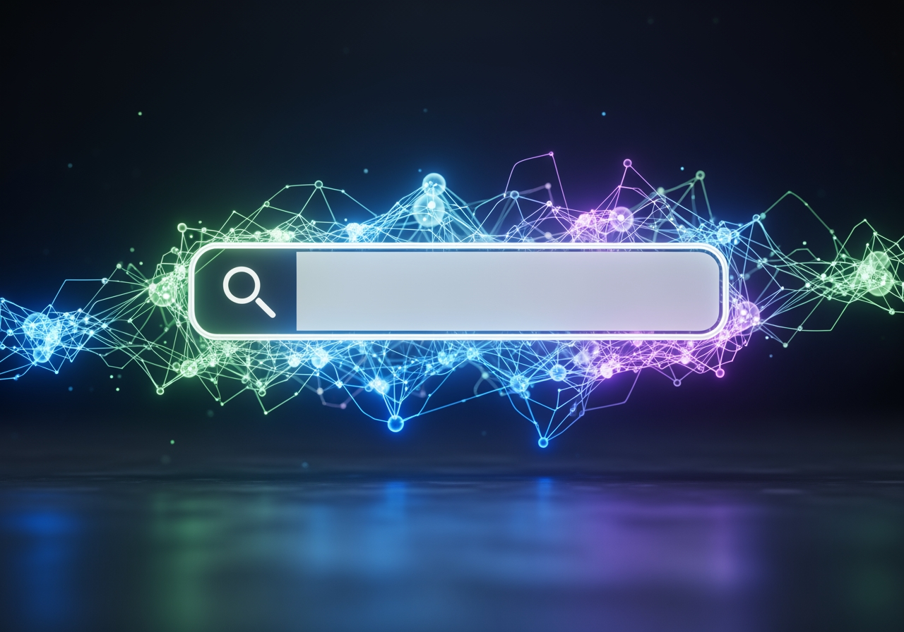 Abstract neural network intertwined with a search bar icon - AI in SEO