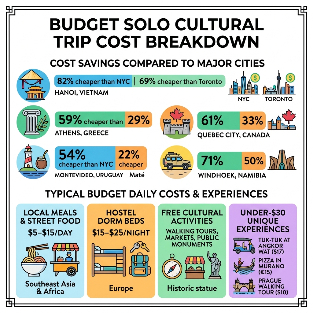 infographic showing budget solo cultural trip cost breakdown by region and destination type - budget solo cultural trips