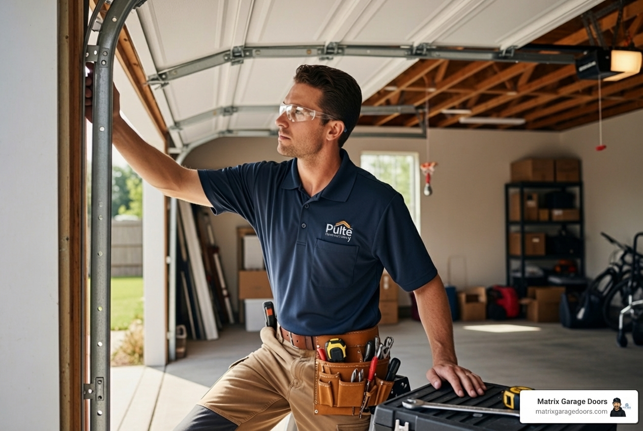 technician replacing single garage door panel - Garage door service price