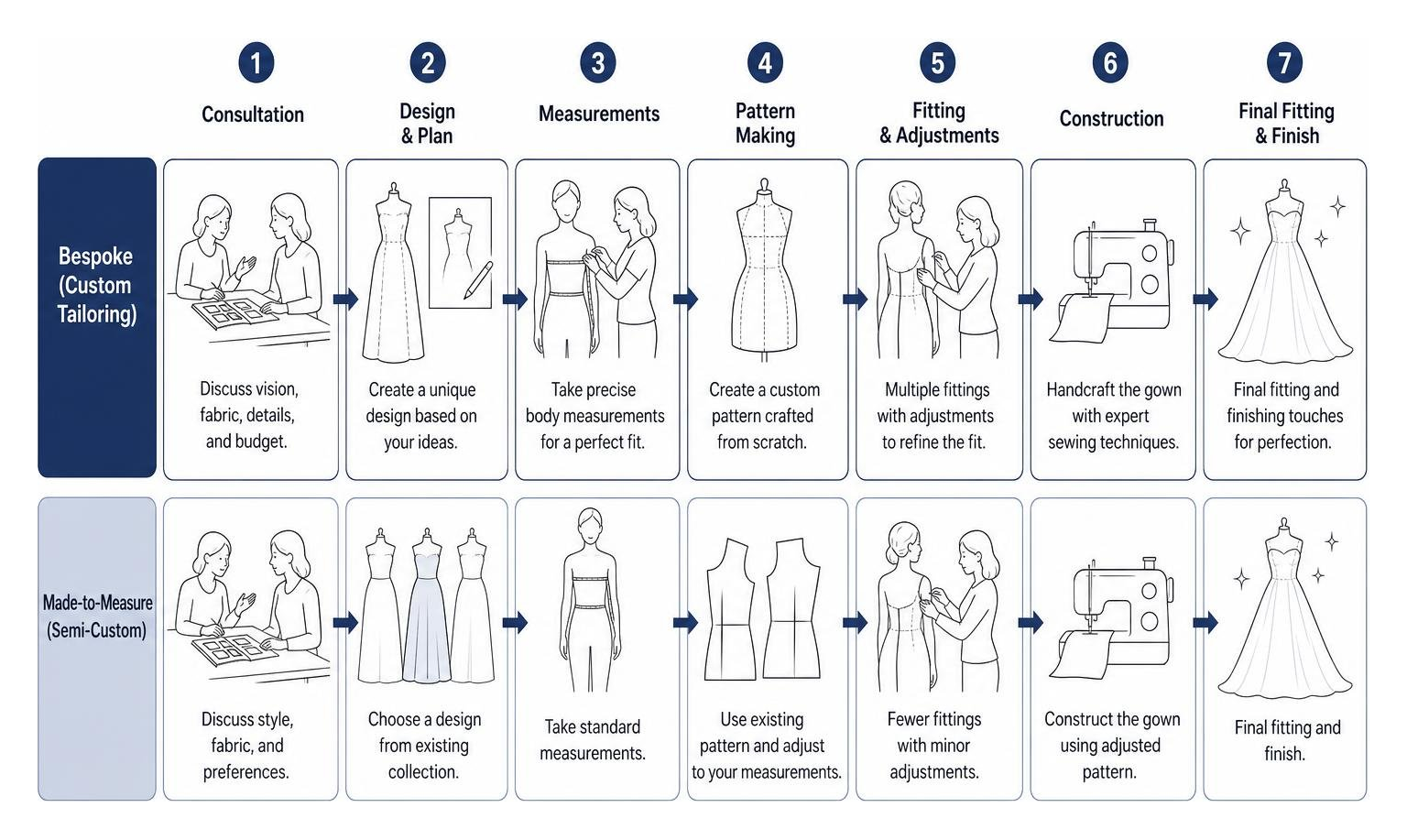 An illustration comparing the steps of custom dress tailoring