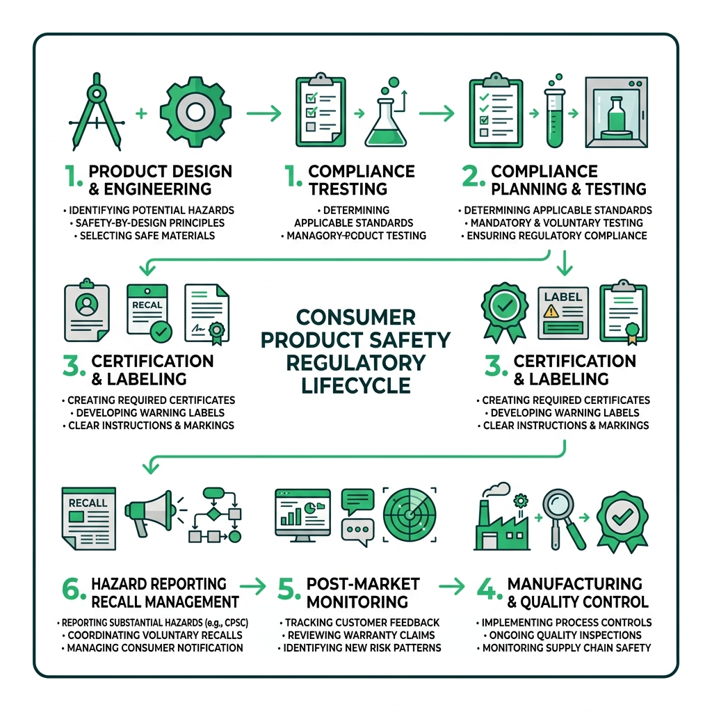 Consumer product safety regulatory lifecycle from design to recall - product safety attorney infographic Consumer product safety regulatory lifecycle from design to recall - product safety attorney infographic