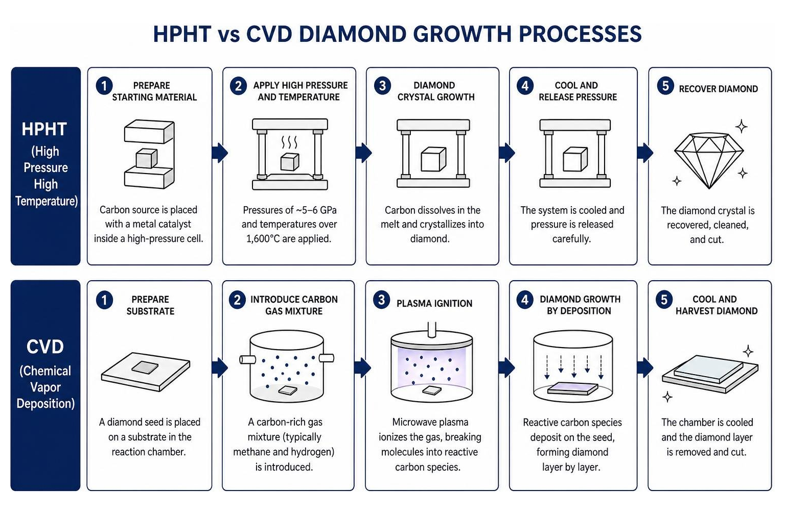 Diagram showing the comparison of HPHT and CVD diamond growth processes Diagram showing the comparison of HPHT and CVD diamond growth processes
