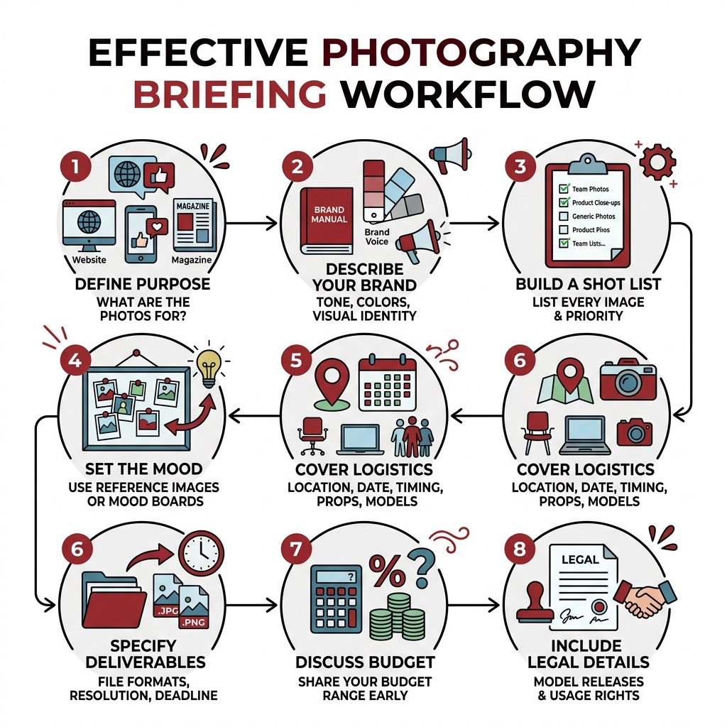 Photography briefing workflow infographic showing 8 steps from purpose to legal details - How to brief a photographer? Photography briefing workflow infographic showing 8 steps from purpose to legal details - How to brief a photographer?
