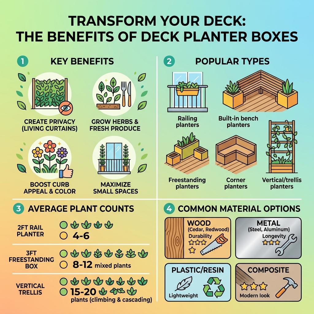 Benefits of deck planter boxes infographic showing types, plant counts, and material options - deck planter boxes ideas