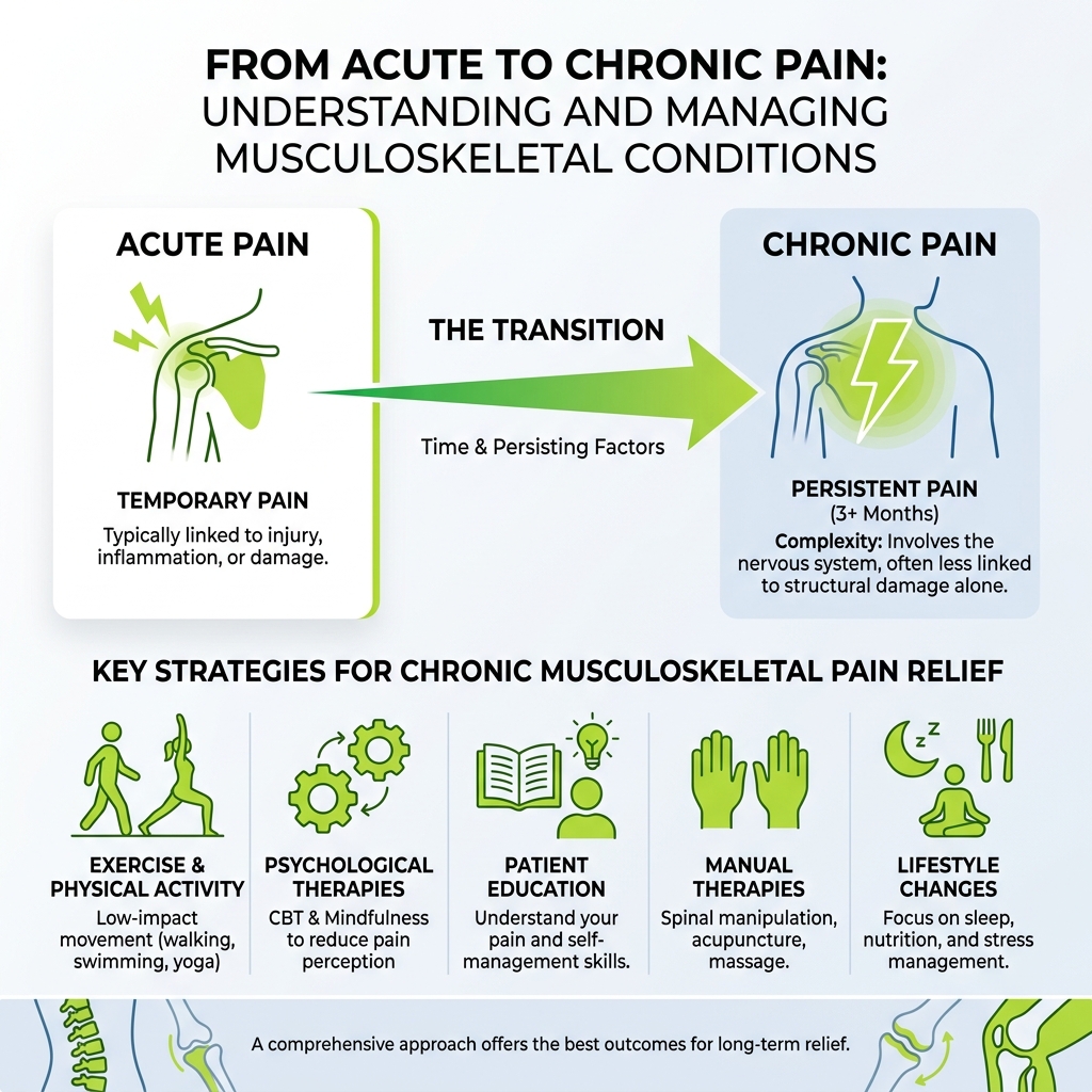 Infographic showing the transition from acute to chronic musculoskeletal pain and key relief strategies - chronic