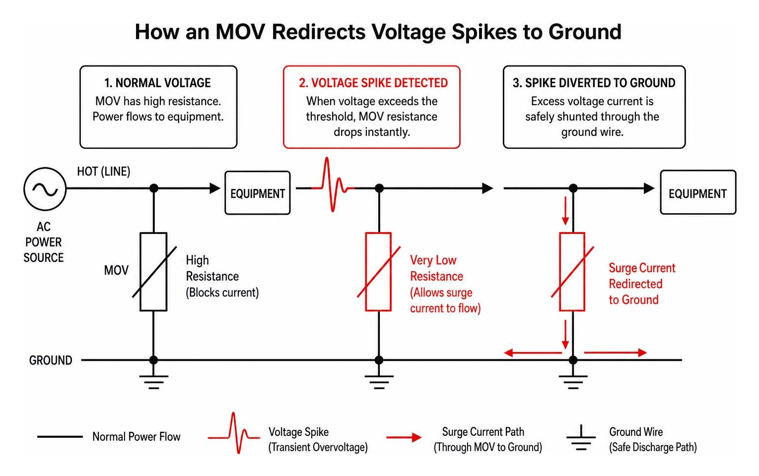 Diagram showing how MOVs redirect voltage spikes to ground wire Diagram showing how MOVs redirect voltage spikes to ground wire