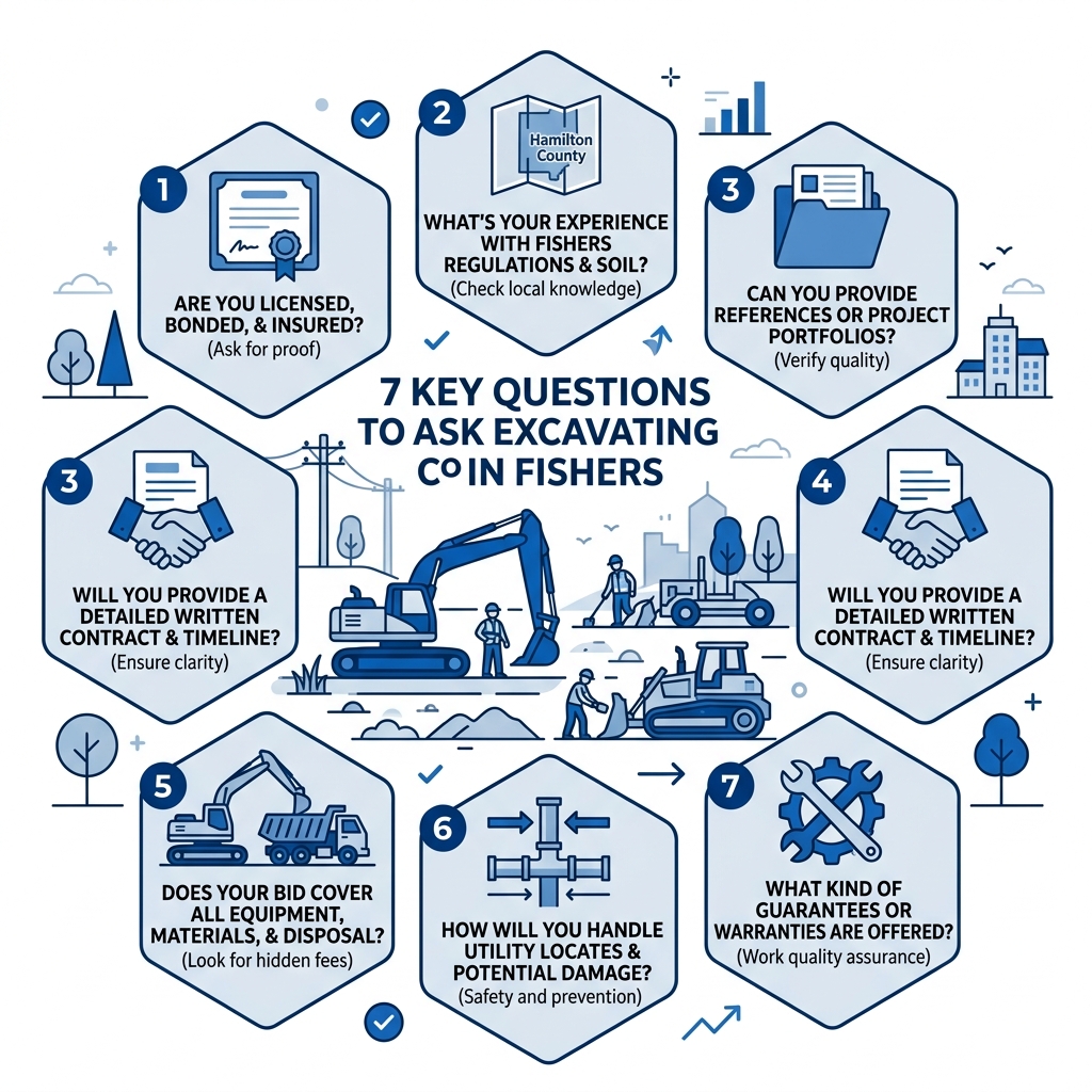 Infographic showing 7 key questions to ask excavating companies in Fishers before hiring - excavating companies in Fishers Infographic showing 7 key questions to ask excavating companies in Fishers before hiring - excavating companies in Fishers