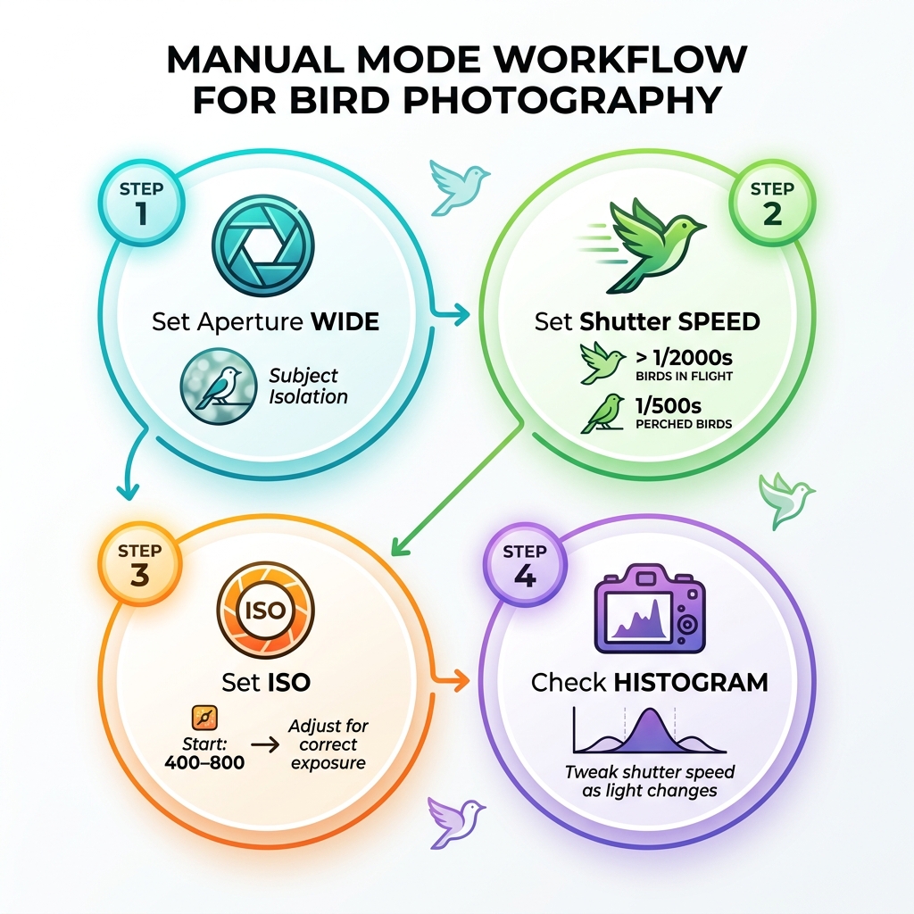 Manual mode workflow for bird photography: aperture, shutter speed, ISO, histogram check - manual mode bird photography