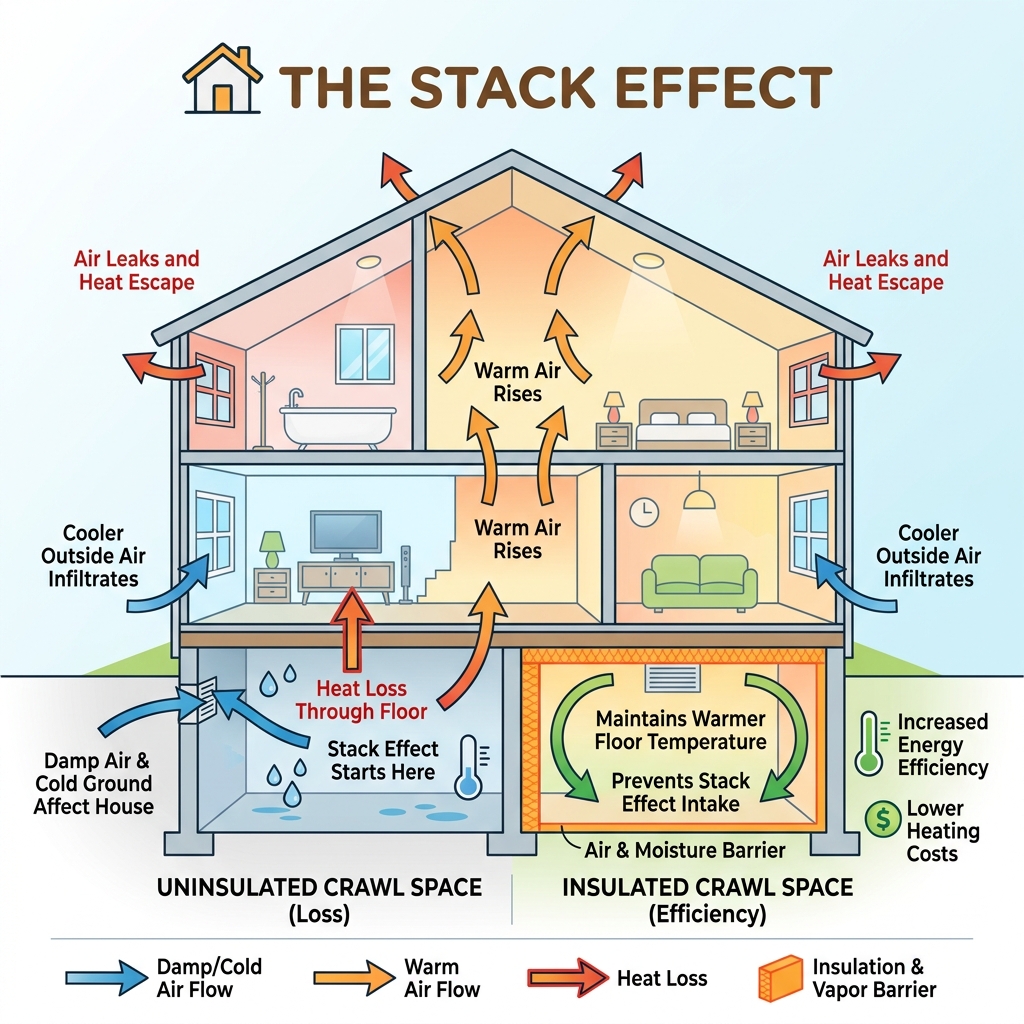 stack effect and heat loss diagram for crawl spaces - insulating crawl space diy infographic stack effect and heat loss diagram for crawl spaces - insulating crawl space diy infographic