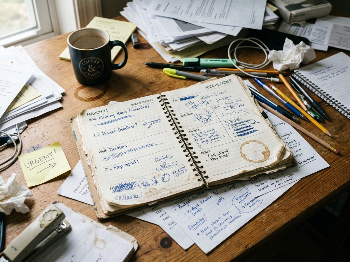 A discarded, half-finished paper planner on a messy desk representing traditional organizing failure - adhd declutter daily A discarded, half-finished paper planner on a messy desk representing traditional organizing failure - adhd declutter daily