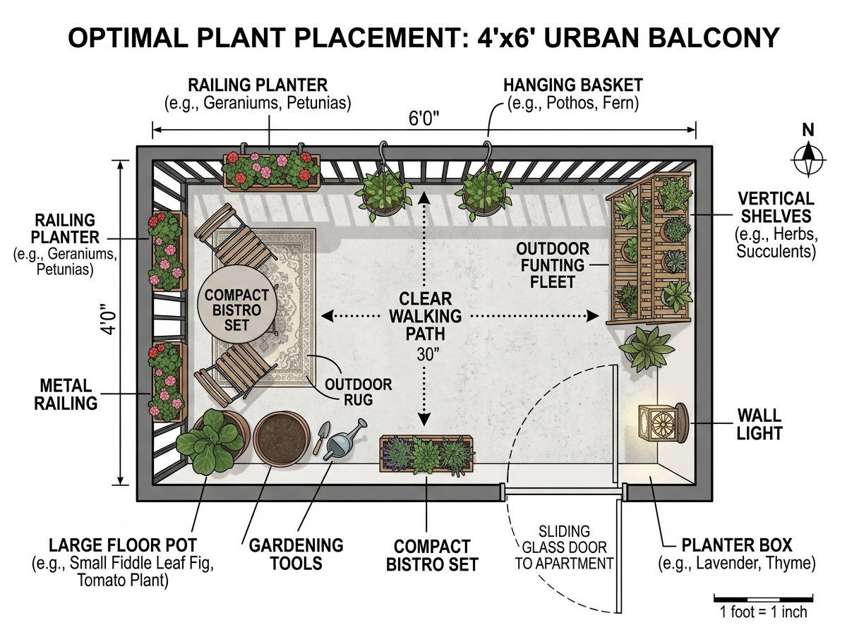 Floor plan of a small balcony showing plant placement and walking paths - apartment balcony gardening ideas