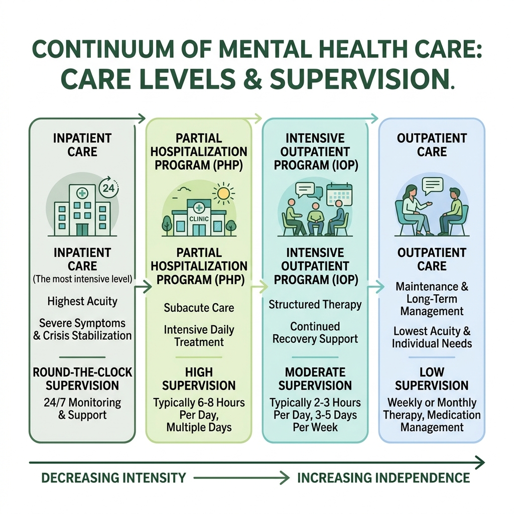 continuum of mental health care from inpatient to outpatient with care levels and supervision hours - inpatient care for