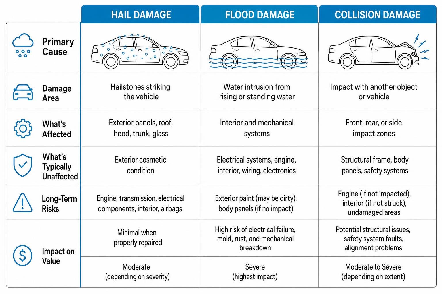 Comparison framework of hail damage versus flood damage versus collision damage on cars Comparison framework of hail damage versus flood damage versus collision damage on cars