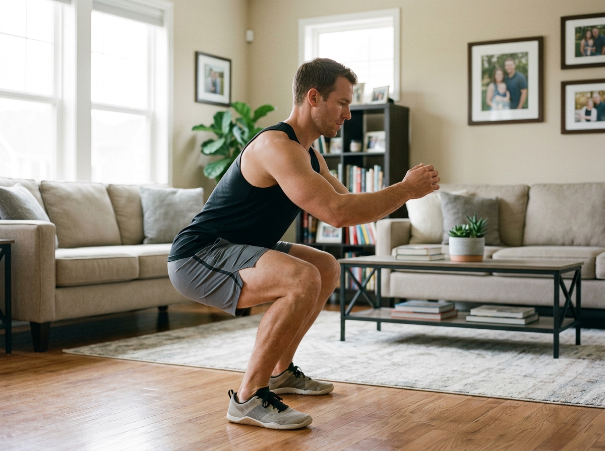 Man performing deep bodyweight squats with perfect form at home - glute exercises for men at home