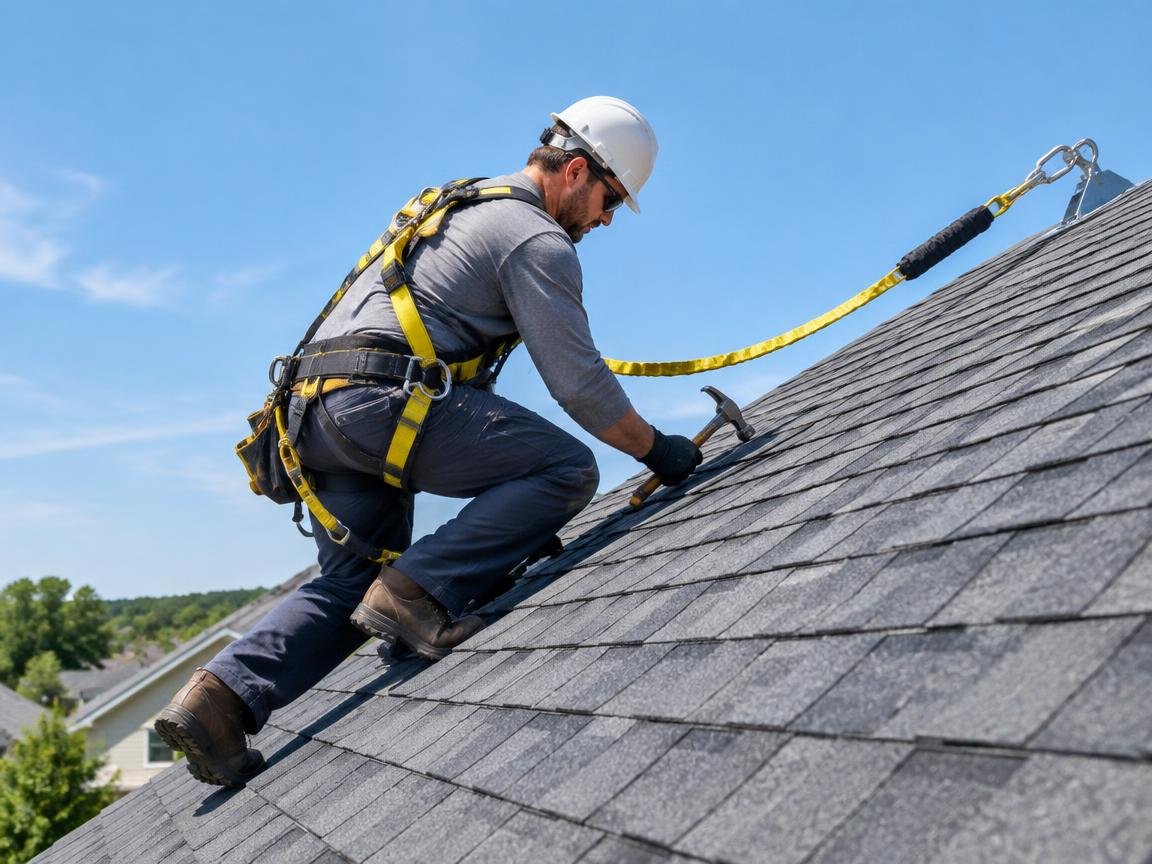 roofer utilizing personal fall arrest system and safety harness