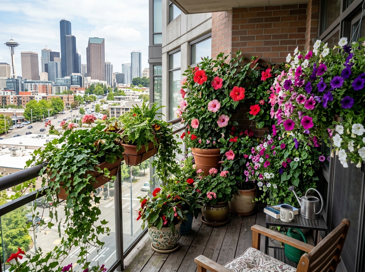 A vibrant balcony display featuring a mix of tall hibiscus, mounded petunias, and trailing ivy - best plants for apartment