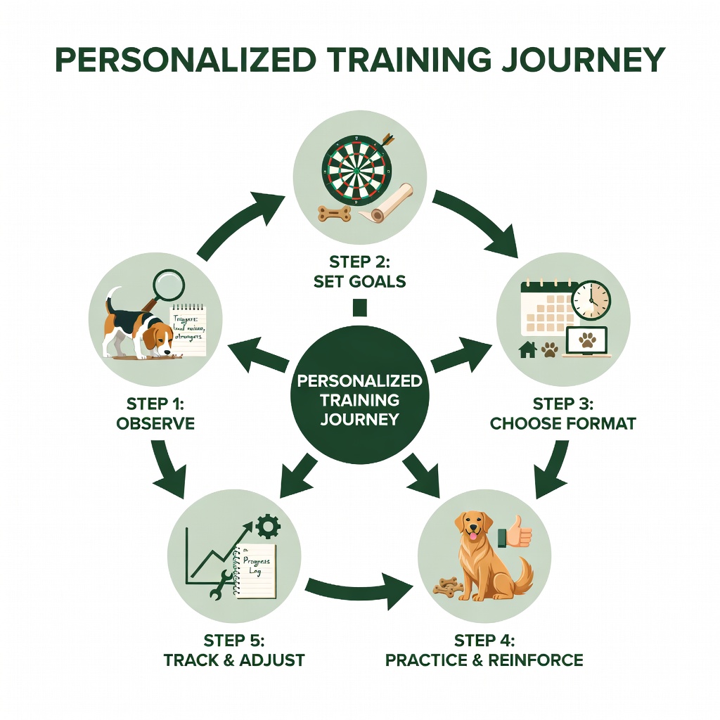 infographic showing the personalized training journey: Step 1 - Observe your dog's personality and triggers; Step 2 - Set clear, achievable goals together; Step 3 - Choose training format that fits your schedule; Step 4 - Practice with positive reinforcement and consistency; Step 5 - Track progress and adjust techniques as needed - Personalized dog training infographic infographic showing the personalized training journey: Step 1 - Observe your dog's personality and triggers; Step 2 - Set clear, achievable goals together; Step 3 - Choose training format that fits your schedule; Step 4 - Practice with positive reinforcement and consistency; Step 5 - Track progress and adjust techniques as needed - Personalized dog training infographic