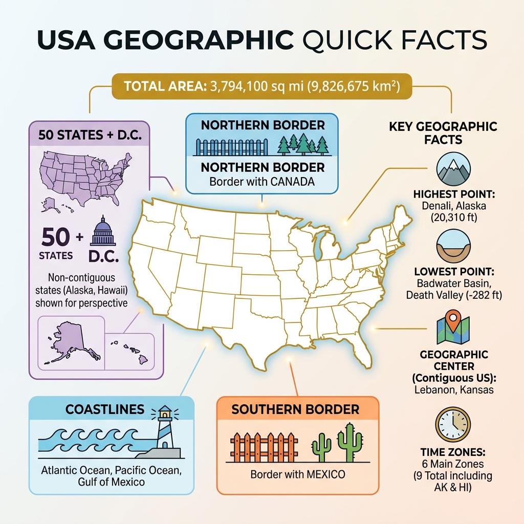 Infographic showing US borders, size, states, coastlines, and key geographic facts - usa map infographic 