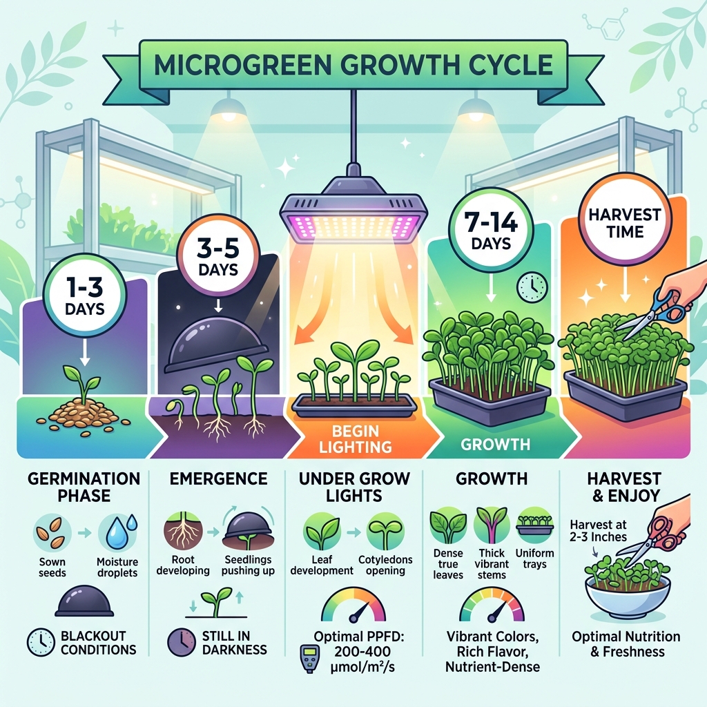 Microgreen growth cycle infographic from blackout germination phase to harvest under grow lights - lighting for microgreens