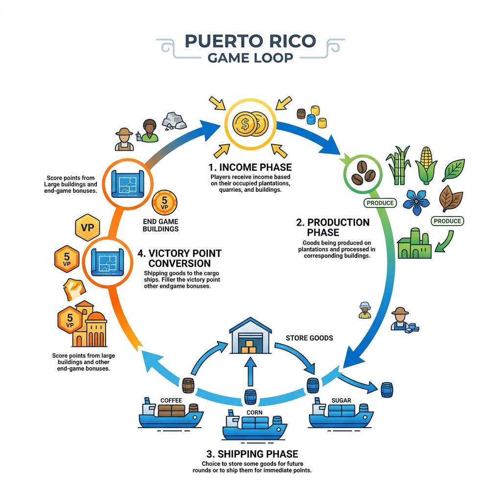 Puerto Rico game loop infographic showing income phase, production, shipping, and victory point conversion - puerto rico Puerto Rico game loop infographic showing income phase, production, shipping, and victory point conversion - puerto rico