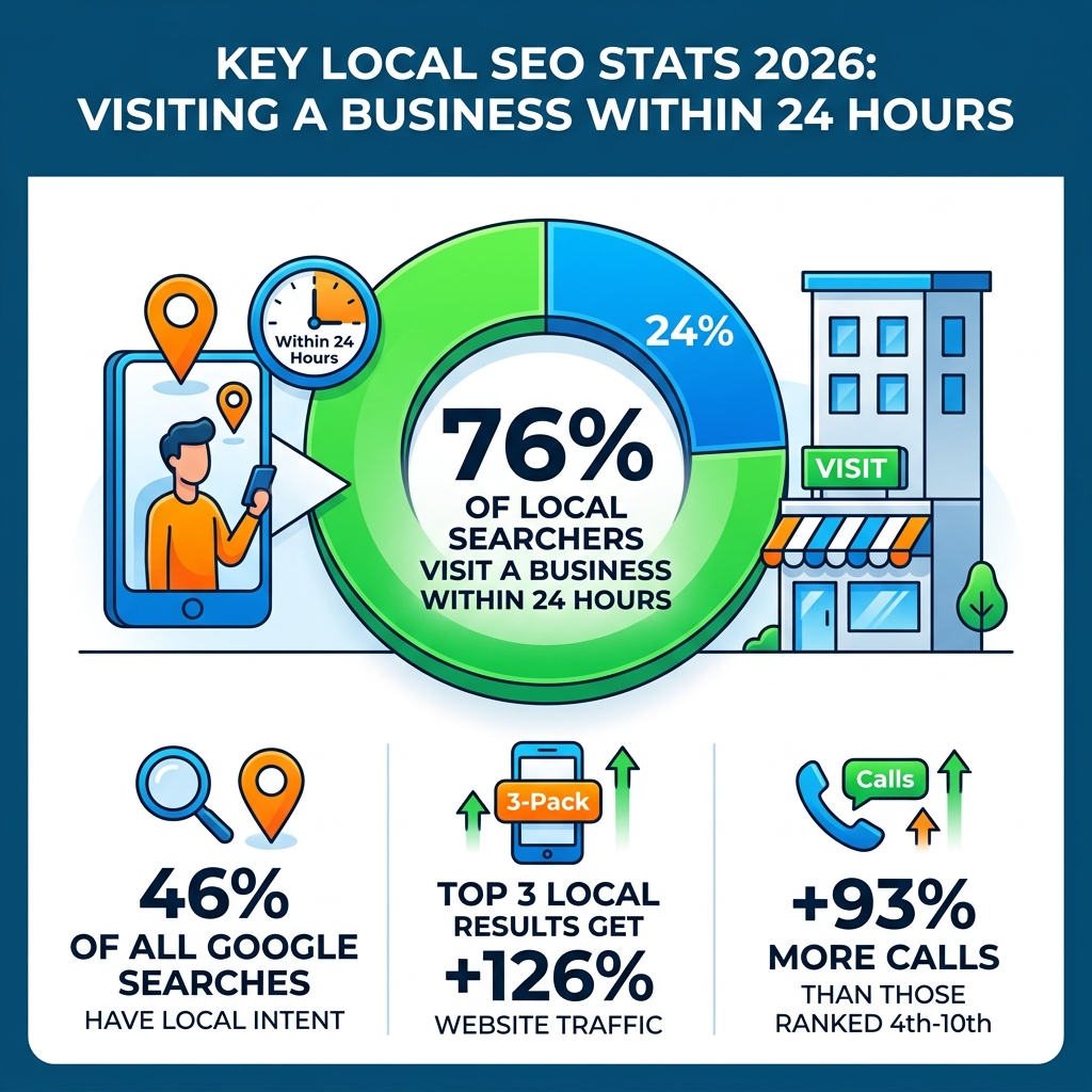 Infographic: 76% of local searchers visit a business within 24 hours, key local SEO stats 2026 - improve local search Infographic illustrating key local SEO statistics for 2026, featuring a smartphone user, pie chart showing 76% of local searchers visit a business within 24 hours, and icons representing local intent, website traffic, and increased calls for top-ranked businesses.